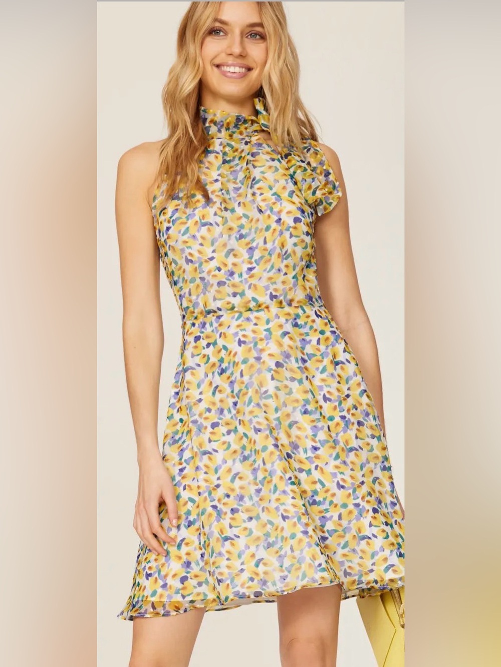 Black Halo Yellow Floral Halter Midi Dress with Blue & Green Accents